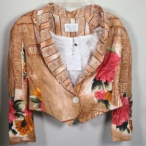 Petite Sophisticate Brown Floral Cropped Blazer with Pink & Yellow Accents